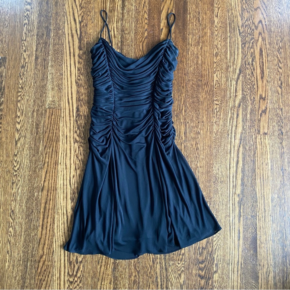 Tadashi Shoji 90s Vintage Black Ruched Cocktail Dress